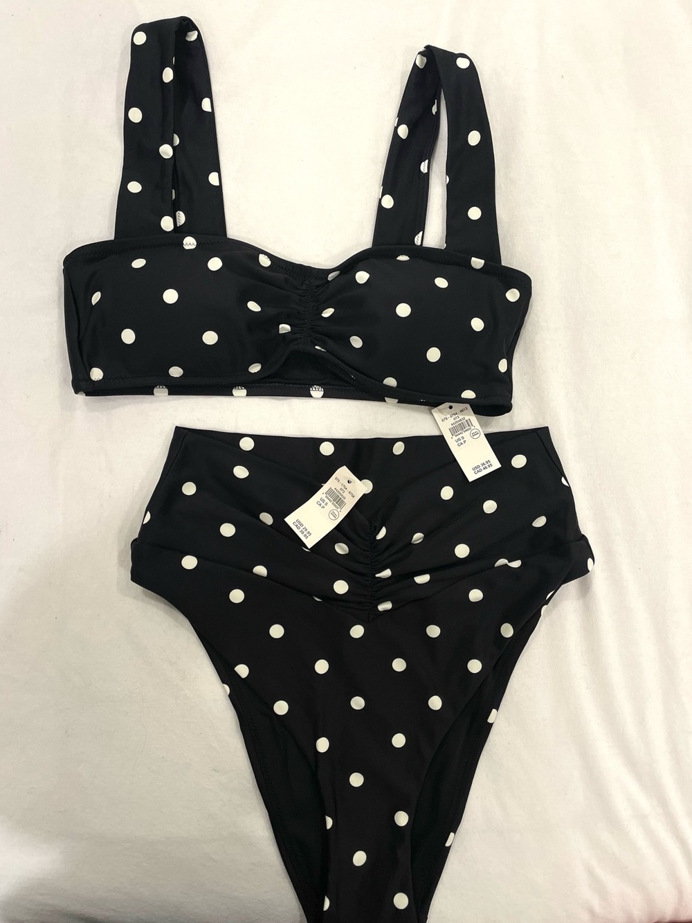 NWT AERIE Ruched Bikini Set in Black Polka Dot - Size Small